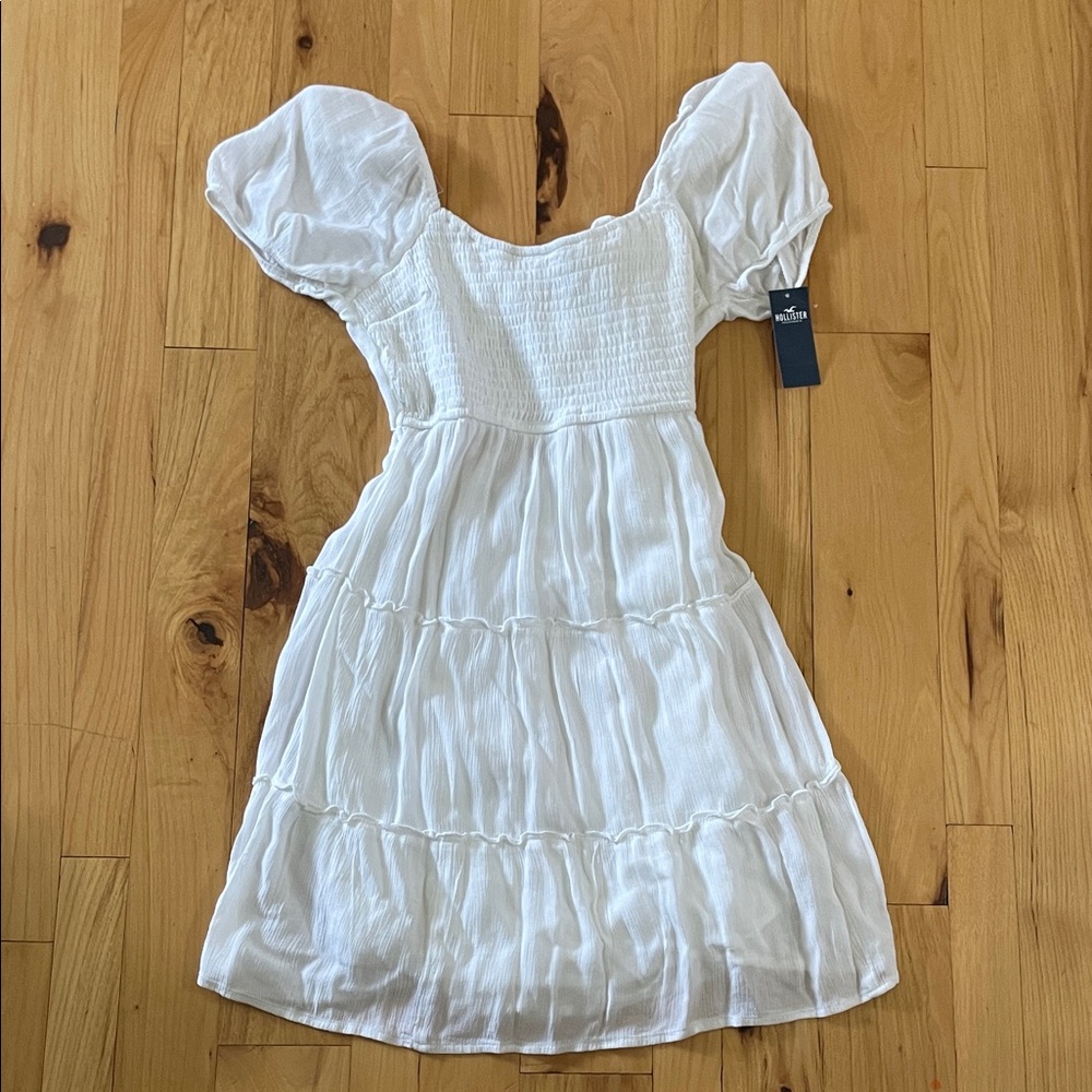 Hollister White Puff Sleeve Smocked Tiered Dress - Small